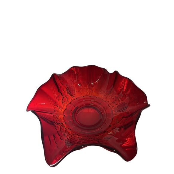 L G Wright 14” Ruby Round Serving Bowl Cadmium Paneled Grape Crimped Ruffle Glow - Picture 6 of 11